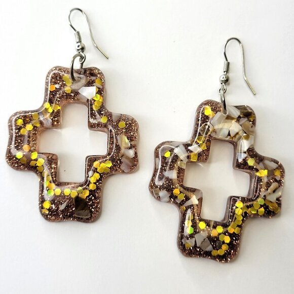 Sparkly Brown Earrings Geometric Shape Earrings or Cross Shape Earrings - Picture 1 of 7